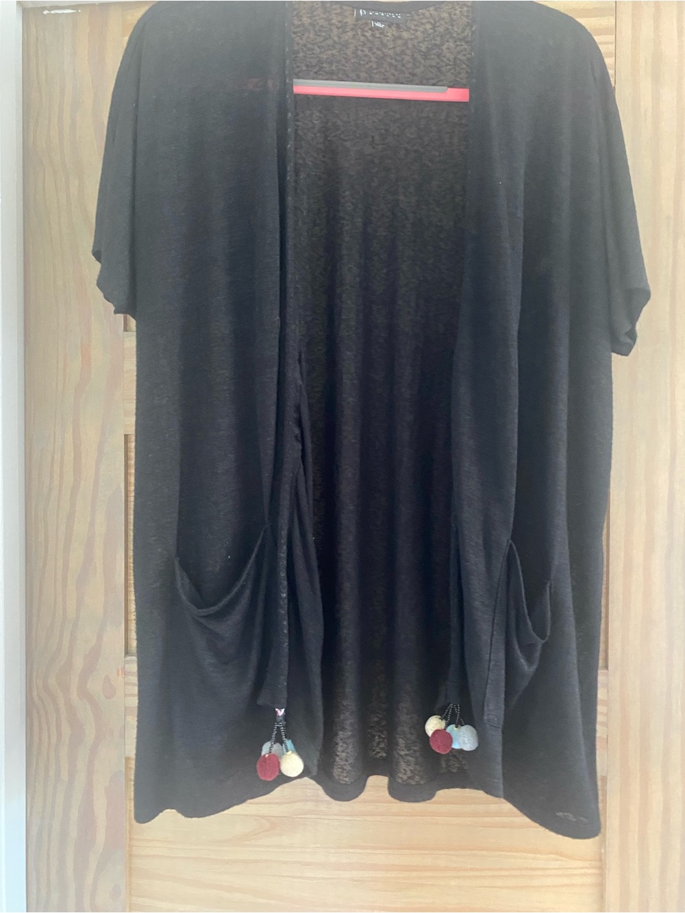 bobeau Black Open-Front Short Sleeve Cardigan with Pom Pocket Accents